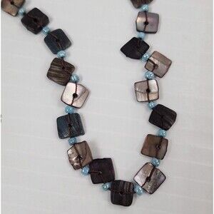 Statement Necklace Shell Mother of Pearl Style Tiles Iridescent Blue Spacer Bead